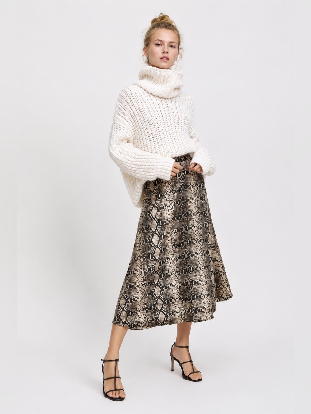 354 Zara Snake Print A-Line Midi Skirt Small Neutral Animal Print Boho Chic